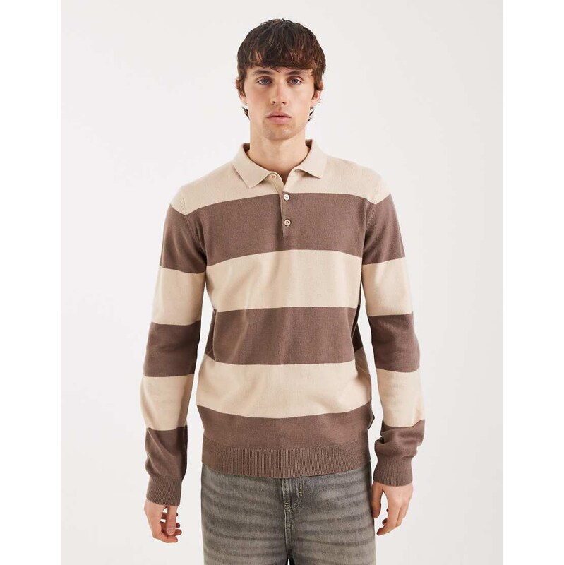 Threadbare knitted rugby polo in stone and ecru stripe-Neutral