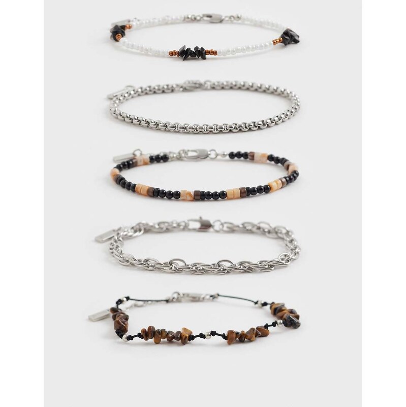 ASOS DESIGN 5 pack semi-precious tigers eye and obsidian chippings and 112746597