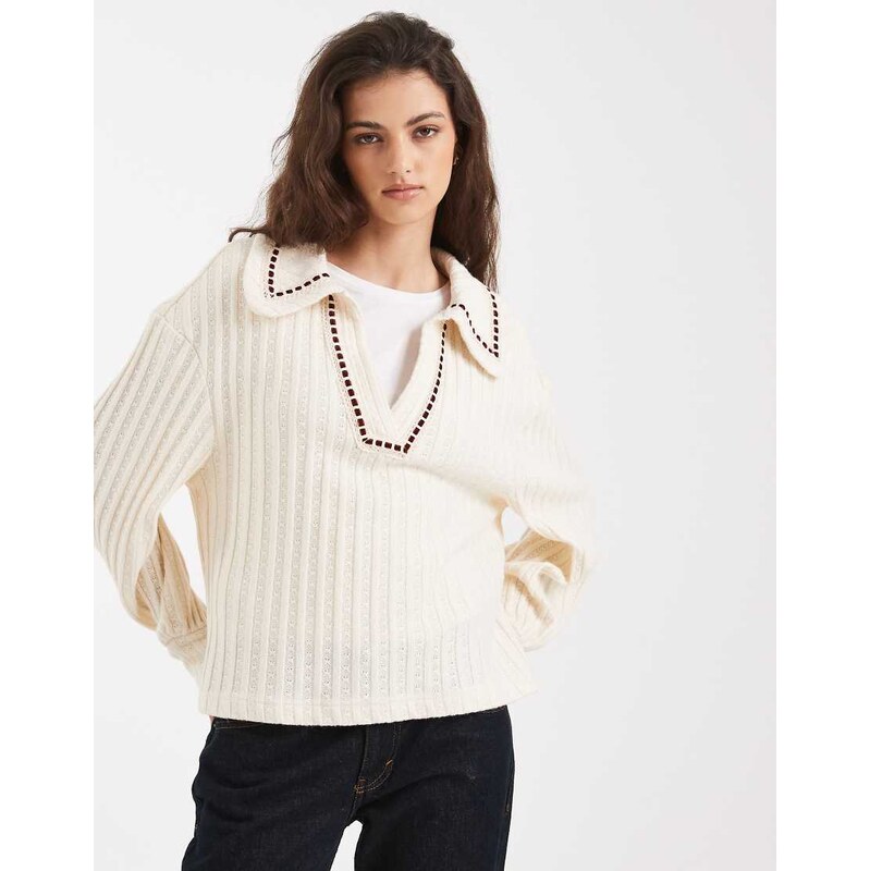 Miss Selfridge cable stitch long sleeve top with collar-White 112839977