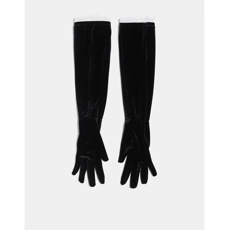 For Love & Lemons velvet bow opera length gloves in black
