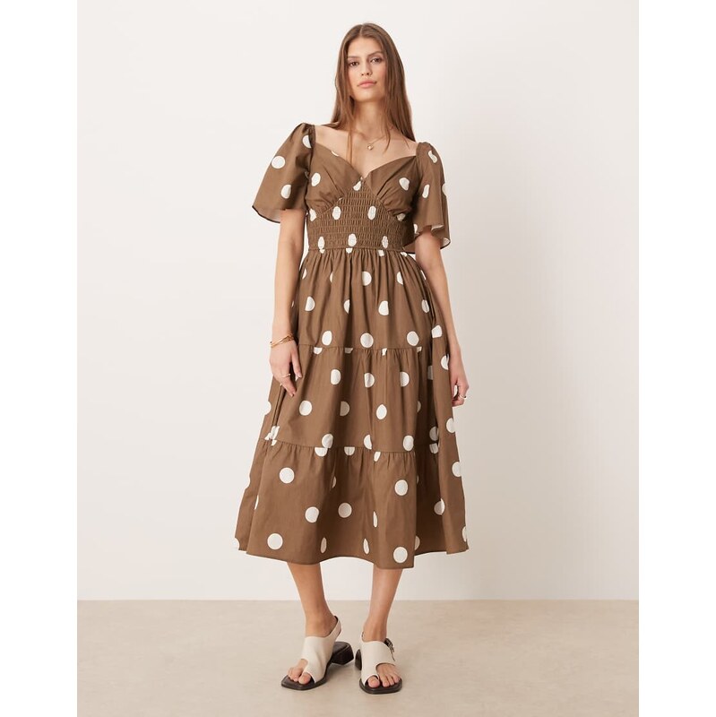 Glamorous v neck tiered midaxi dress in brown white polka dot