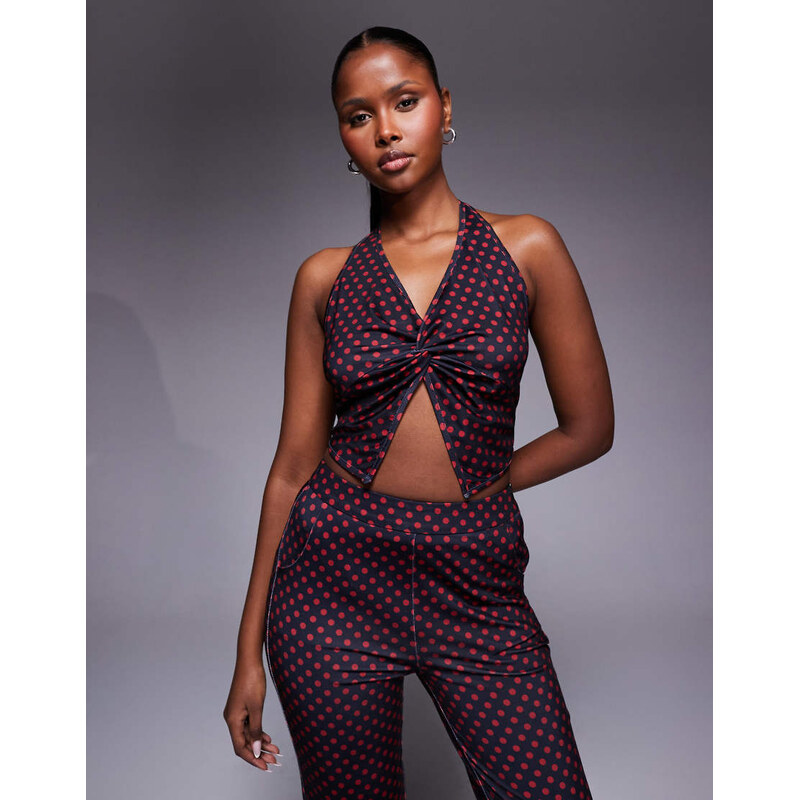 Liquor N Poker dazed halter neck top co-ord in red polka dot 112765821