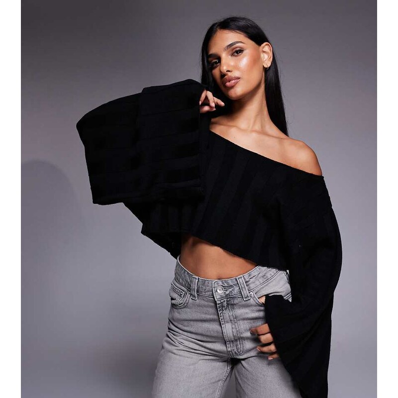 Kaiia exclusive off shoulder wide sleeve jumper in black 115614596