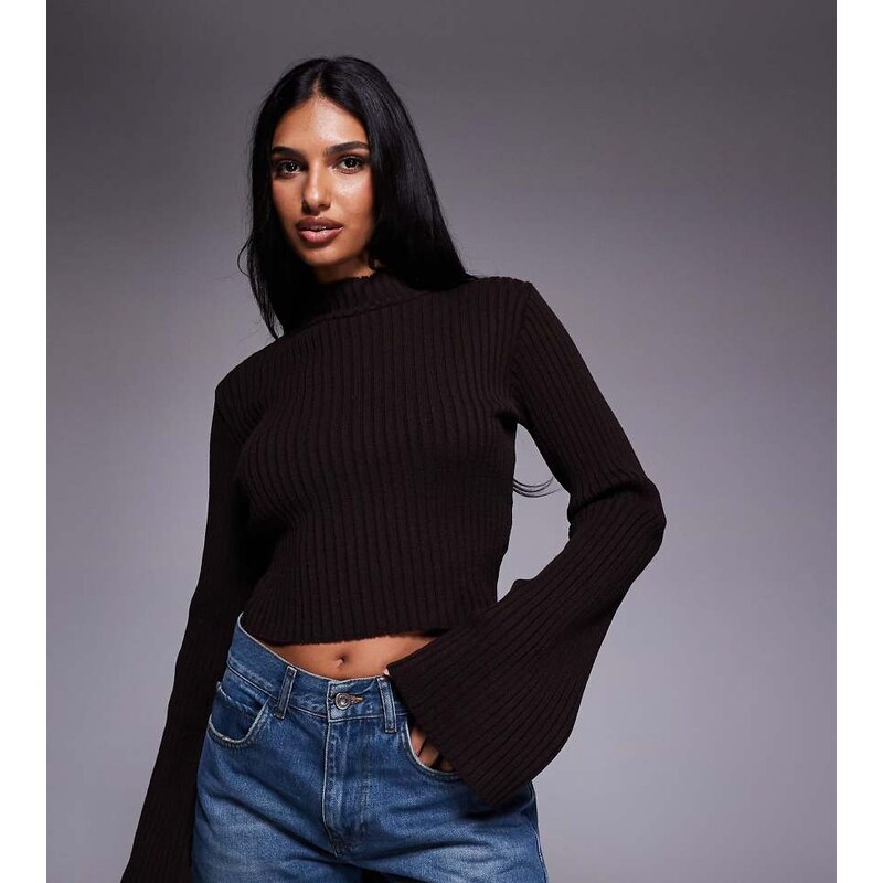 Kaiia exclusive high neck flare sleeve jumper in brown 112765831