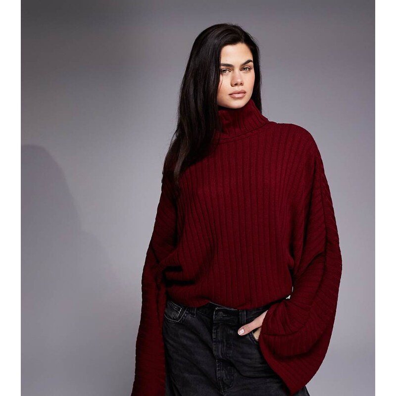 Kaiia exclusive high neck wide sleeve oversized jumper in burgundy-Red 112765858