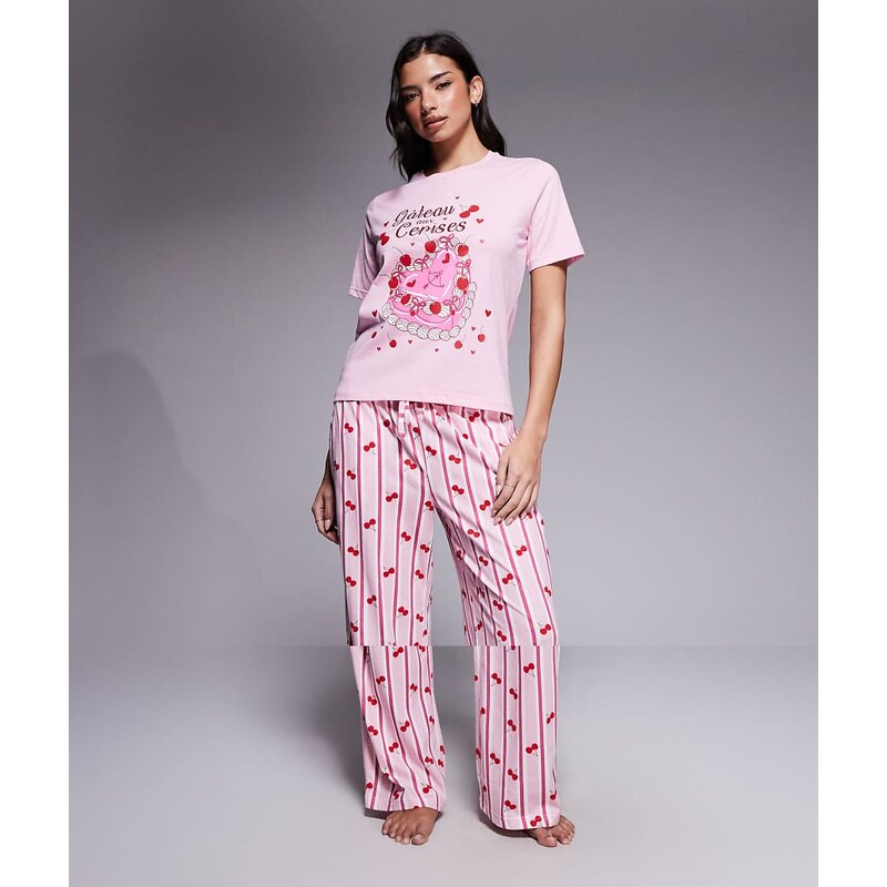 Threadbare valentines pyjama set with vintage cake print in pink