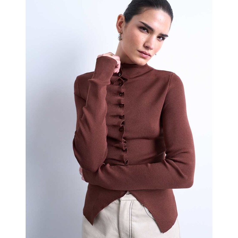Topshop knitted ruffle button top in chocolate-Brown