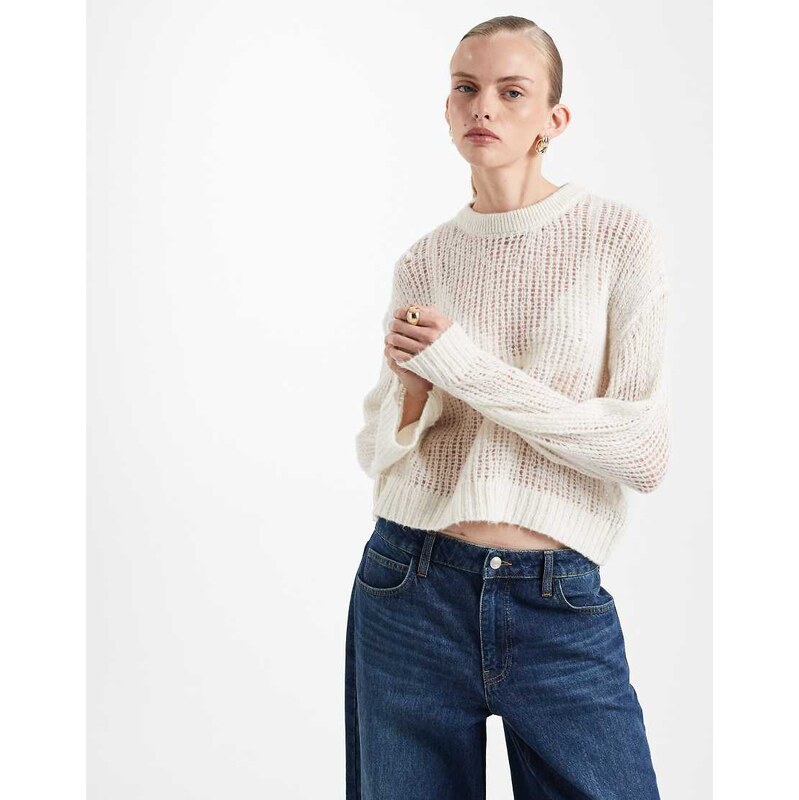 ASOS DESIGN knitted open stitch jumper in ecru-White