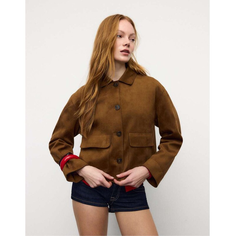 Stradivarius Faux suede jacket with pockets in pale camel-Neutral 112778588
