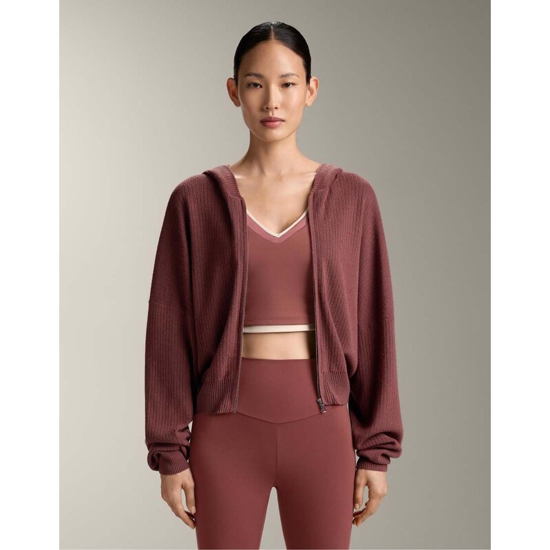 OYSHO Rib-knit hooded jacket in mauve-Copper 112778603
