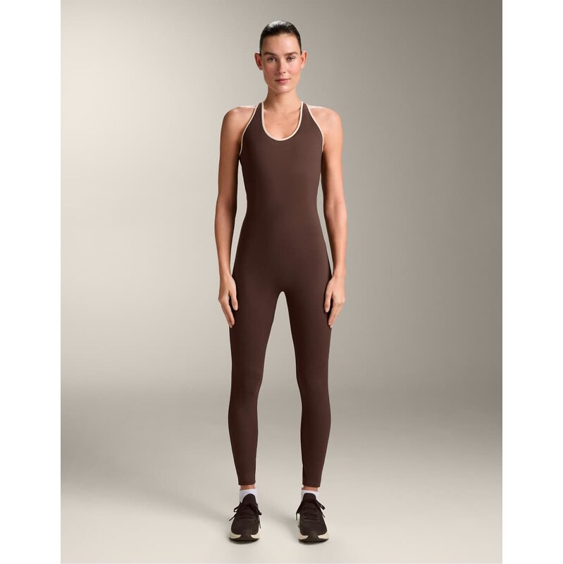 OYSHO Comfortlux long jumpsuit with piping in dark brown