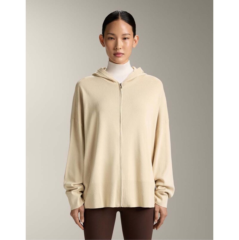 OYSHO Long knit hooded jacket in beige-Neutral 112778610