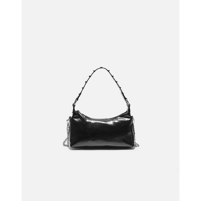 Stradivarius Studded half-moon shoulder bag in black 112778615