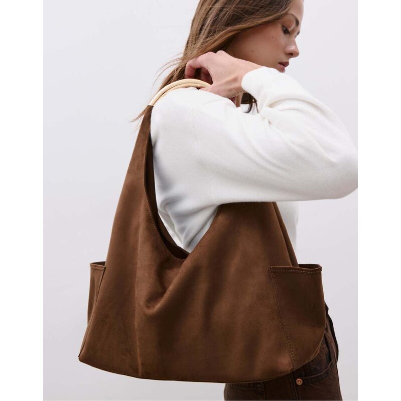 Stradivarius Shoulder bag with metallic handle in brown