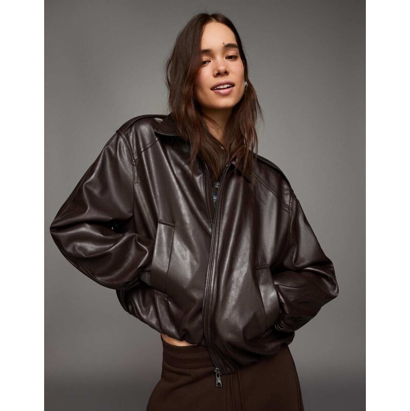 Bershka Leather effect balloon jacket in brown 112778689