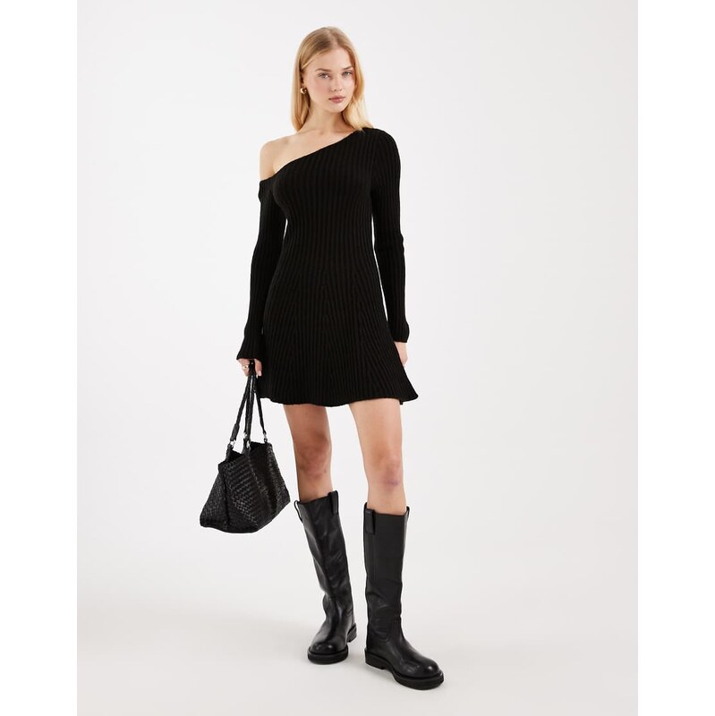 Miss Selfridge knitted off shoulder flippy mini dress in black