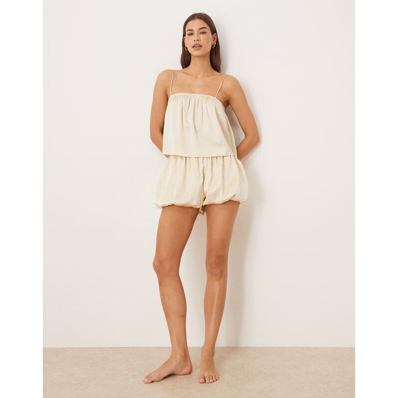ASOS DESIGN satin bloomer pyjama in ivory-White