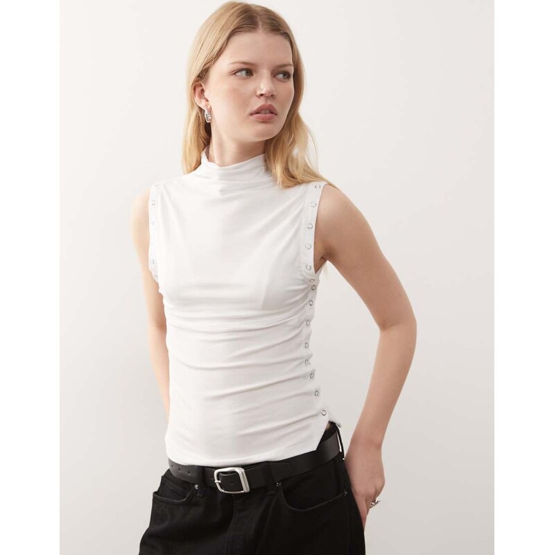 Weekday mock neck sleeveless top with side button detailing in white 112778718