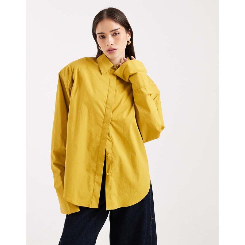 ASOS DESIGN shoulder pad dipped hem shirt in mustard-Yellow