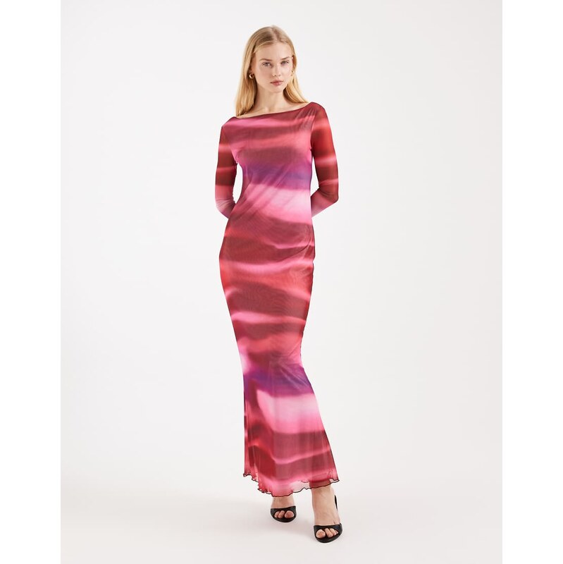Vero Moda long sleeve mesh maxi dress in pink abstract print