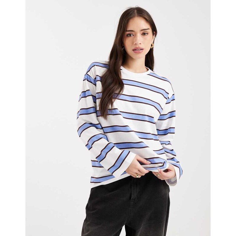 Pieces oversized rugby stripe long sleeve t-shirt in blue multi