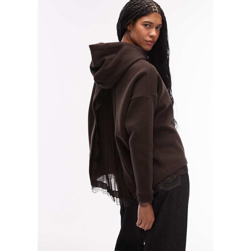AllSaints lace trim hoodie in brown