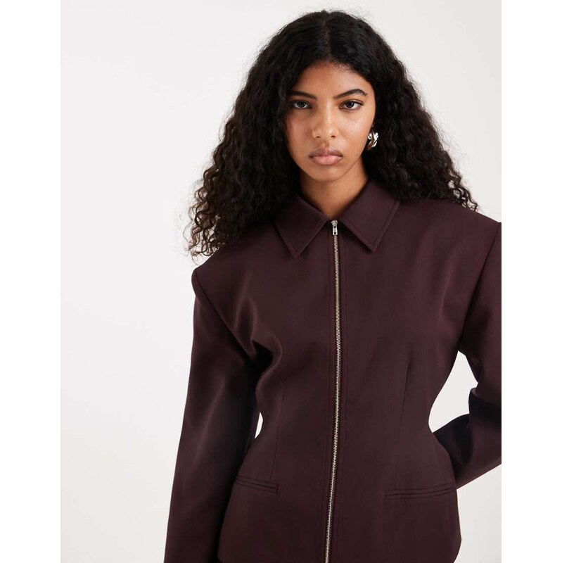 ASOS DESIGN zip up cinch jacket in burgundy-Red 112780655