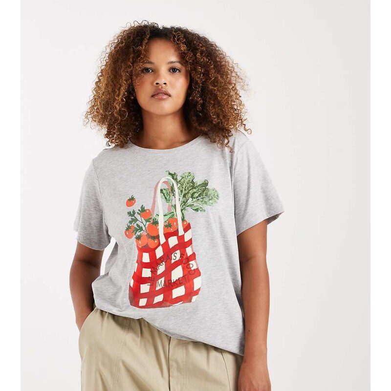 ONLY Curve tomatoes graphic print t-shirt in light grey