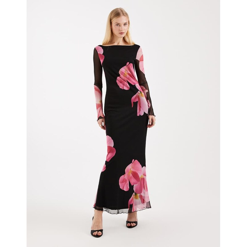 Vero Moda long sleeve mesh maxi dress in black with overblown