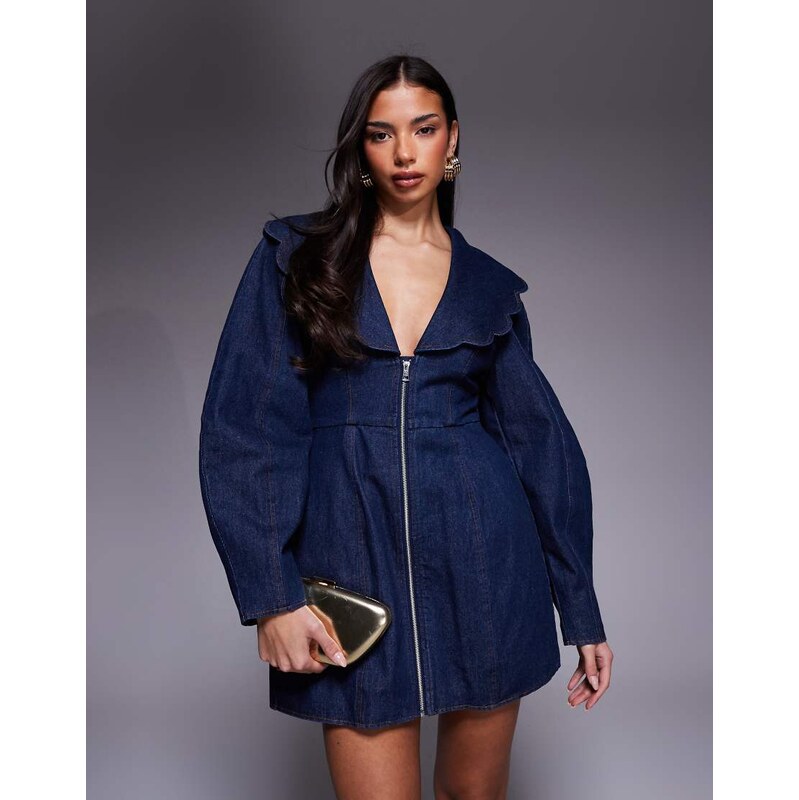 ASOS LUXE long sleeve denim dress with oversized collar in indigo-Blue 112893579