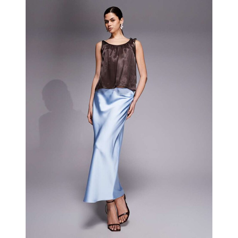 River Island satin maxi skirt in light blue 113029486