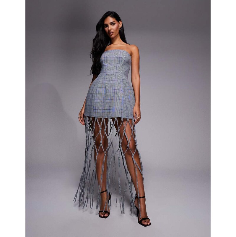 ASOS LUXE tailored bandeau mini dress with macrame fringing in