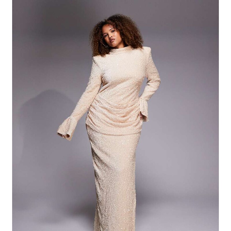 ASOS LUXE Curve velvet sequin maxi dress with drape waist in cream 113562909