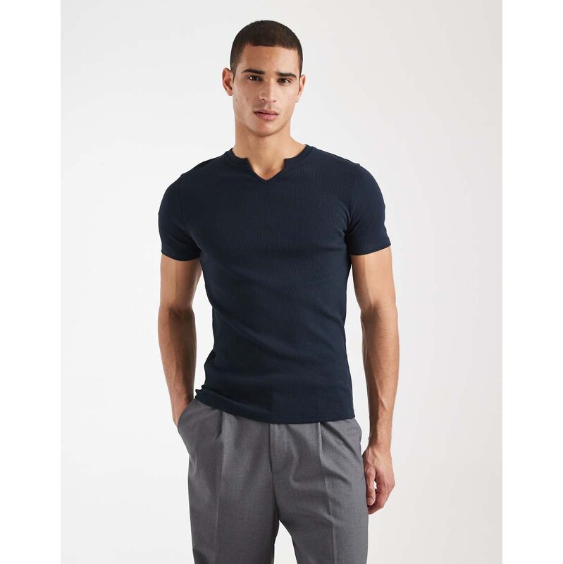 ASOS DESIGN muscle fit t-shirt with notch neck in navy rib