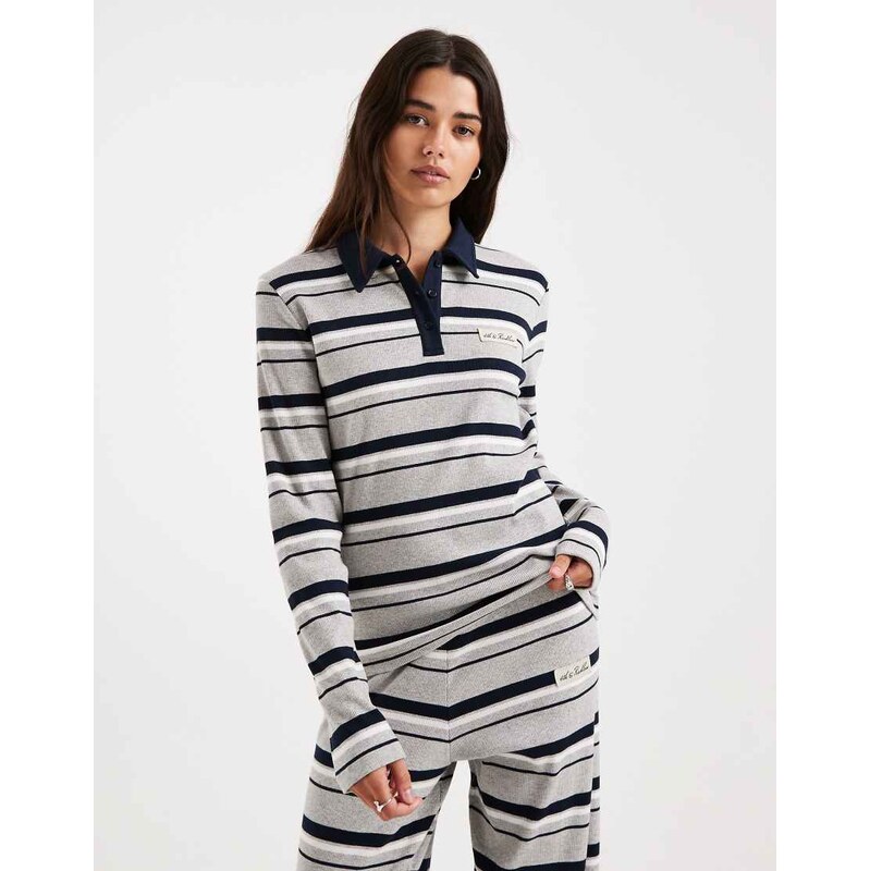 4th & Reckless cotton rich ribbed logo detail collared long sleeve top 112783955