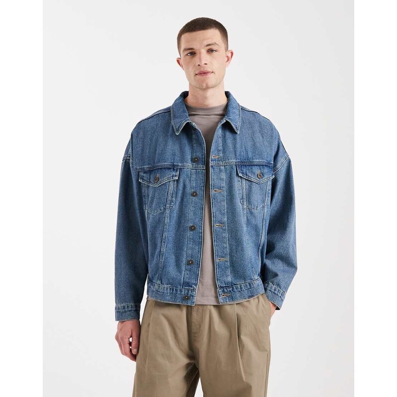 ASOS DESIGN oversized trucker denim jacket in mid washed blue
