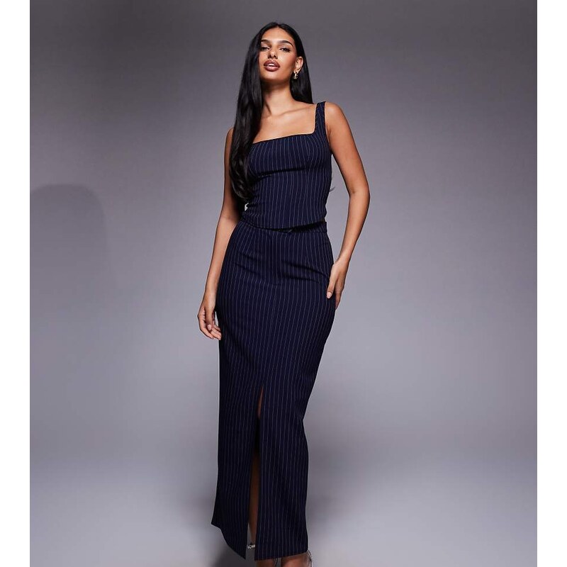 Kaiia exclusive tailored maxi skirt co-ord in navy pinstripe