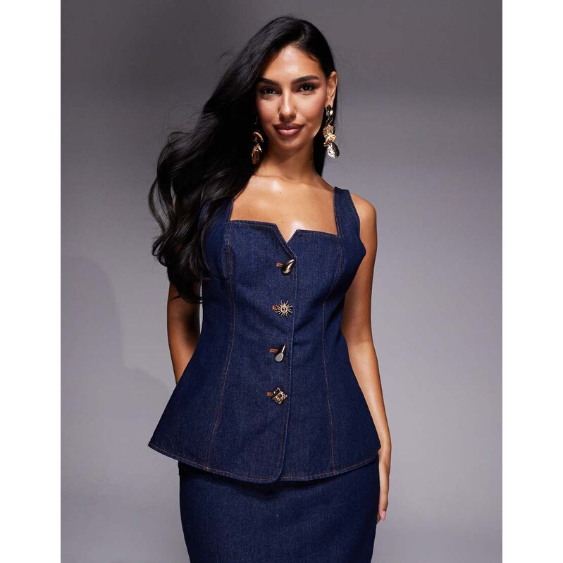 ASOS LUXE co-ord denim waistcoat with gold buttons in indigo
