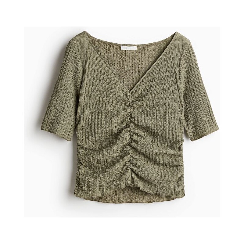 H&M - Textured draped top - Khaki Zelená