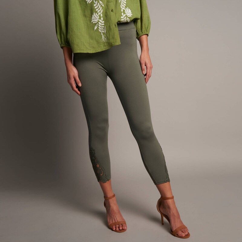 Blancheporte 3/4 legíny s macramé a pružným pasem khaki