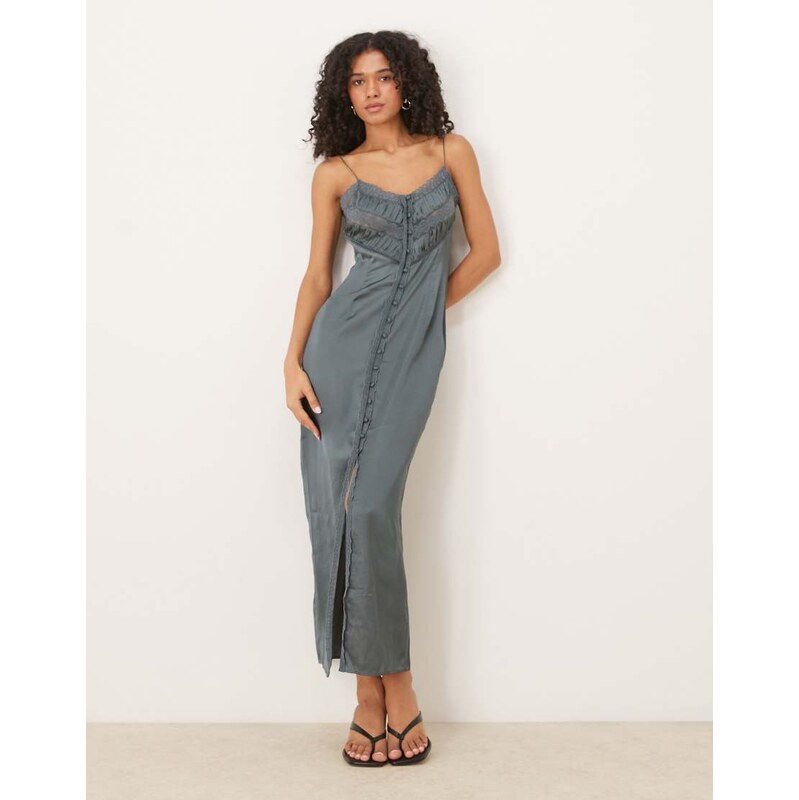 ASOS DESIGN satin slip cami maxi dress with embroidered bust in steel 112808746