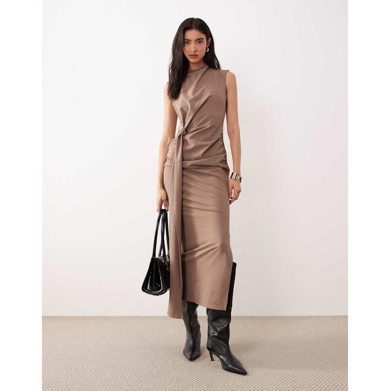 ASOS DESIGN high neck sleeveless ruched knot front midi dress in