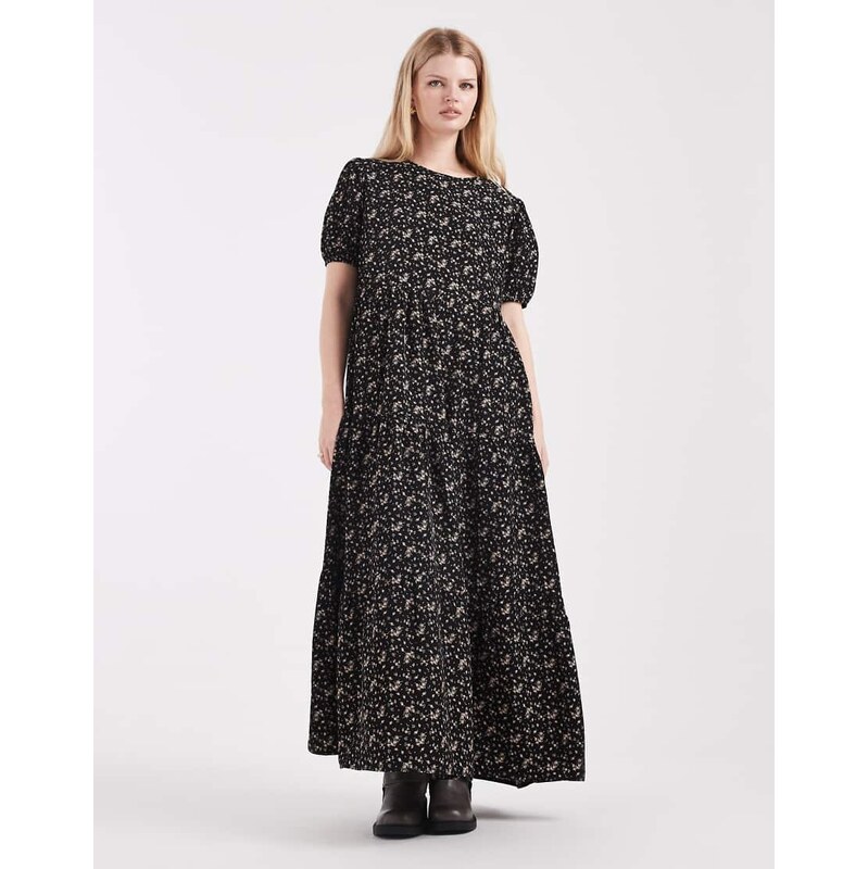 Daisy Street tiered smock maxi dress in black floral-Multi