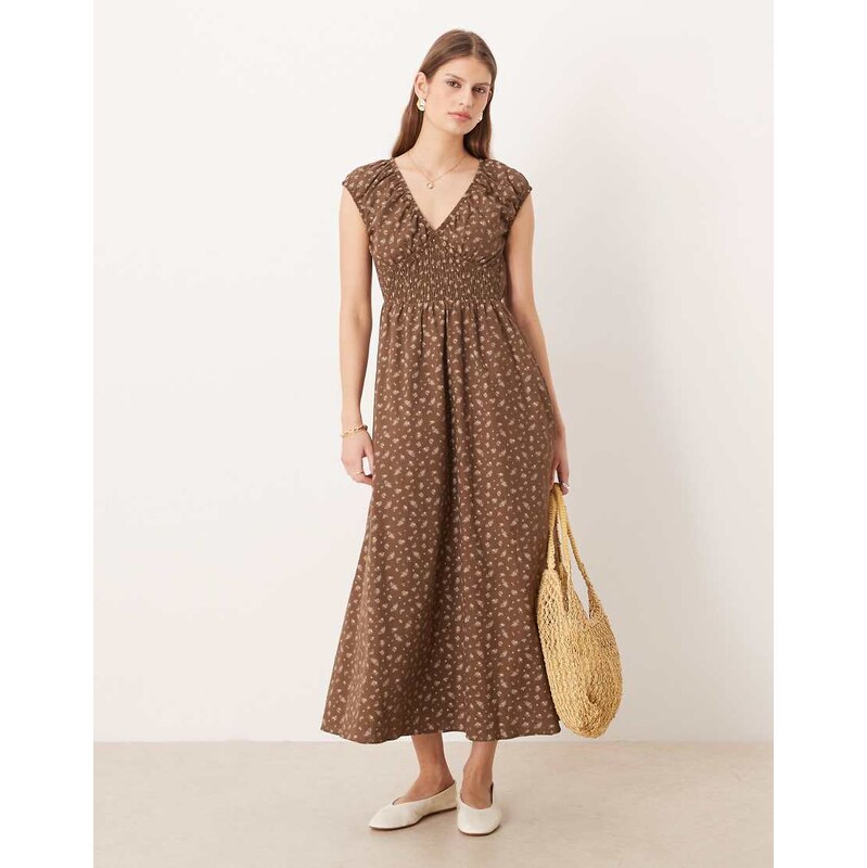 Glamorous shirred waist midaxi dress in brown floral
