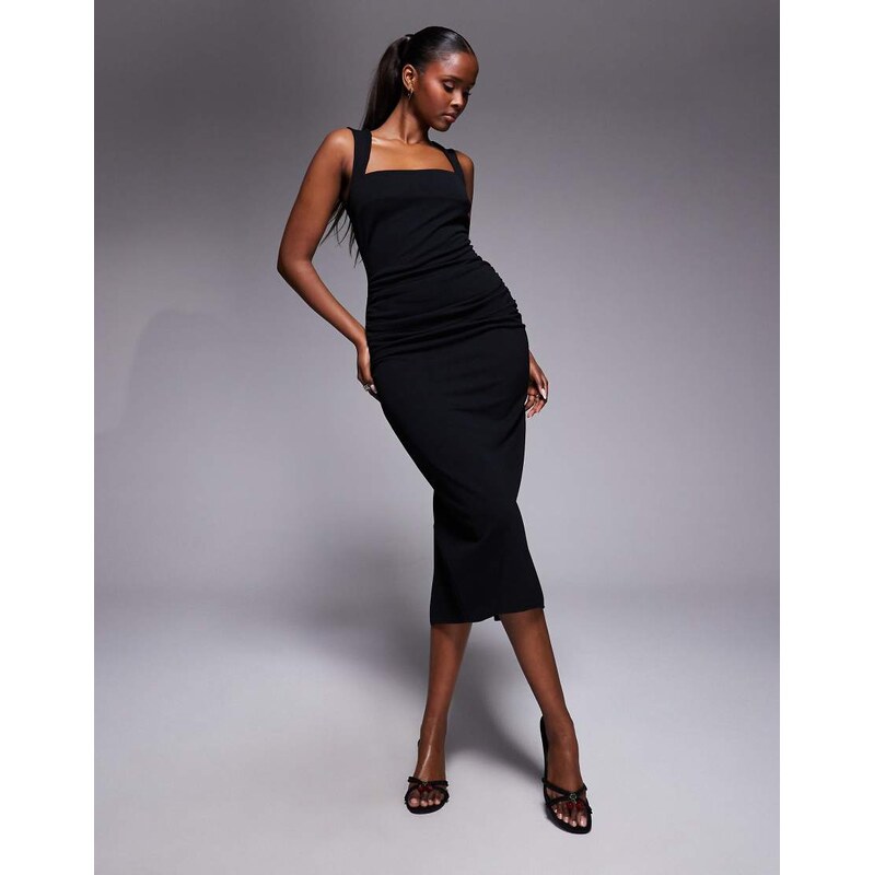 ASOS DESIGN square neck ruched waist midi dress in black
