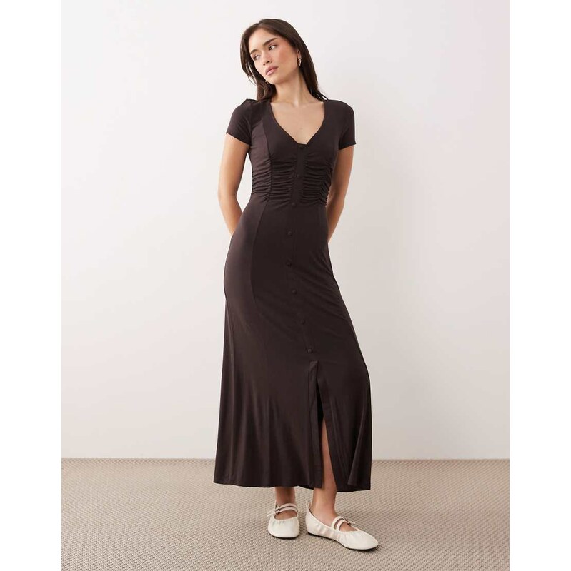 ASOS DESIGN button front ruched waist tea dress in chocolate