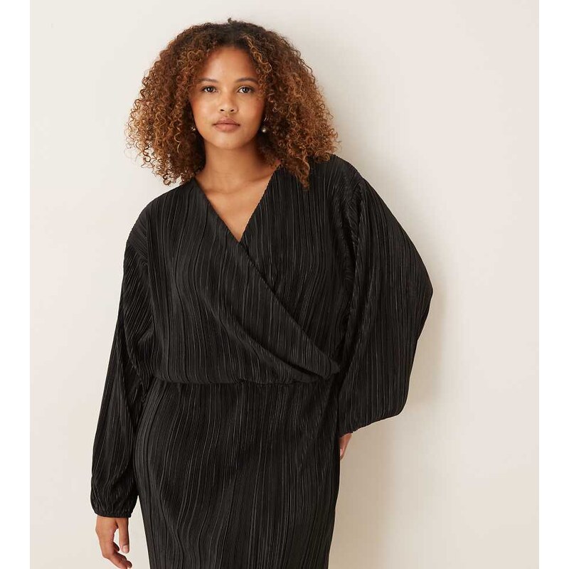 ASOS Curve ASOS DESIGN Curve blouson plisse mini dress in black 112794068