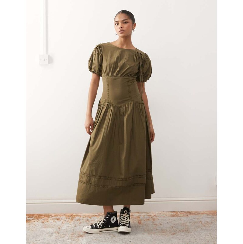 Reclaimed Vintage midi dress with puff sleeves and tie front