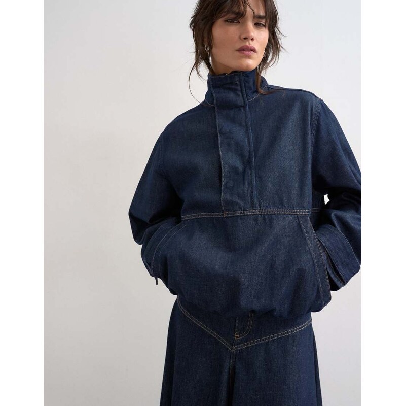 Topshop denim bubble hem top with funnel neck in indigo rinse