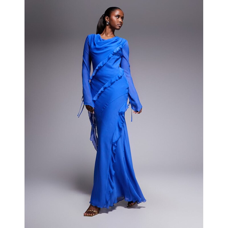 Daska chiffon high cowl neck frill detail maxi dress in cobalt-Blue 115519539